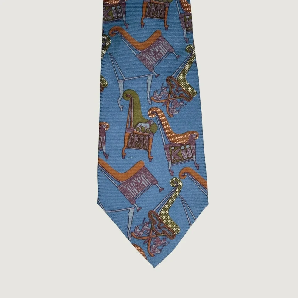 British Museum Mens Silk Tie Blue Egyptian Chair Artifact Novelty Hand Made